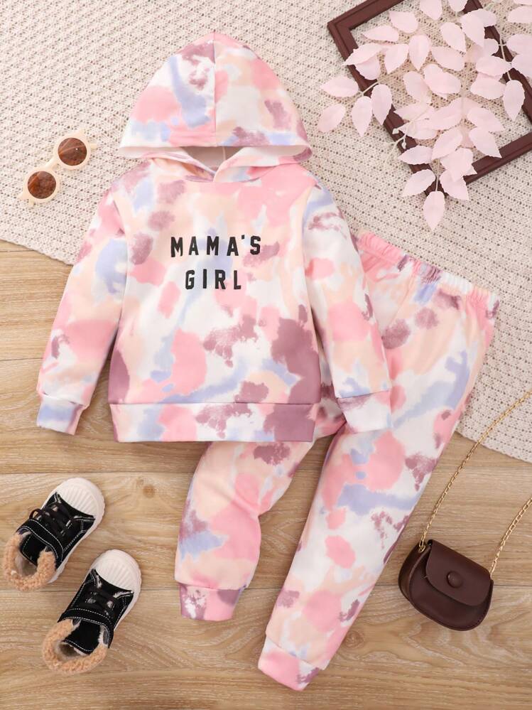 Young Girl Letter Graphic Tie Dye Hoodie & Sweatpants